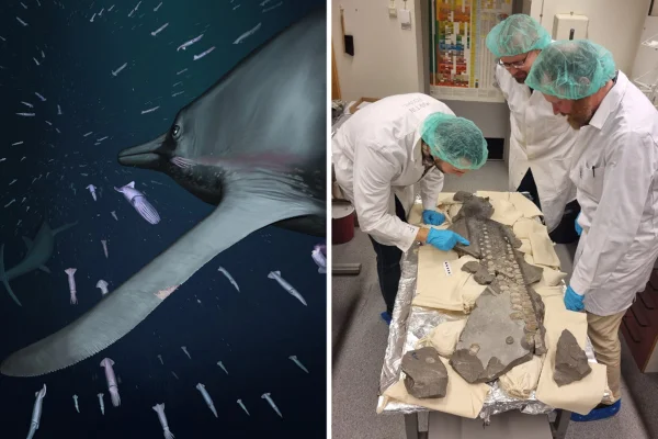 Montagem colorida de caçador marinho noturno (à esquerda) e cientistas analisando nadadeira do animal (à direita) - Metrópoles
