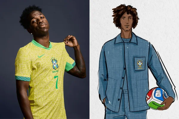 foto com cor. vini jr. segurando camisa da seleção brasileira e croqui de alfaiataria - arte metrópoles
