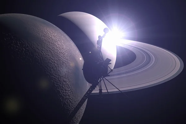 Imagem simulada da Voyager 2 passando por Saturno e a lua Titã - Metrópoles - Satélite - Sistema Solar