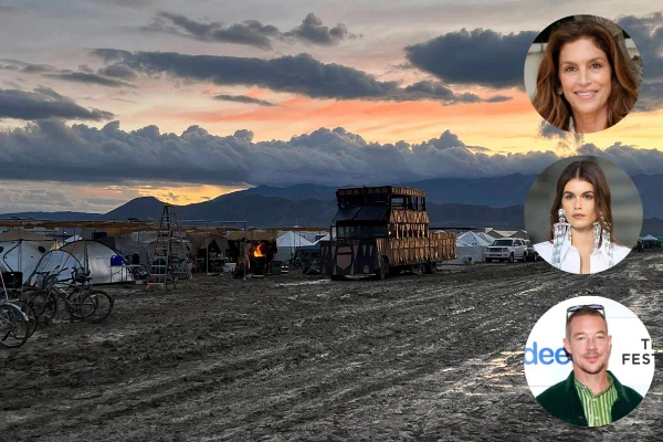 Foto colorida de lugar coberto por lama com três círculos que contêm fotos de pessoas, duas mulheres e um homem - Metrópoles