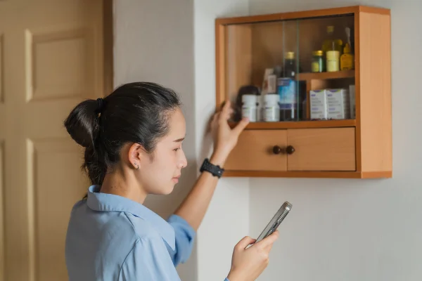 Foto de uma mulher está procurando remédios no armário de remédios em casa