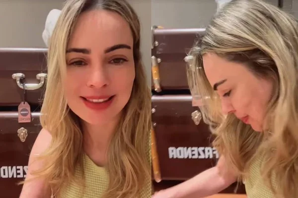 Montagem com dois frames coloridos d e um vídeo em que Rachel Sheherazade está sentada no chão mostrando o conteúdo de suas malas - Metrópoles