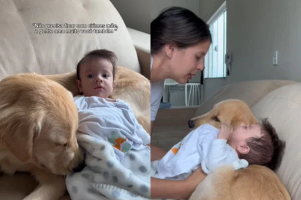 Foto colorida de um cachorro e um bebê - Metrópoles