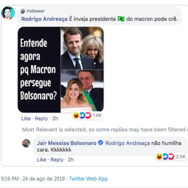 Após negar ofensa, Bolsonaro apaga comentário sobre Brigitte Macron