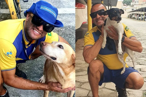 Montagem de duas imagens coloridas de carteiro com cachorros