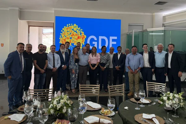 Grupo de representantes do Governo do Distrito Federal e do Legislativo distrital reunidos em frente a painel azul escrito "GDF"