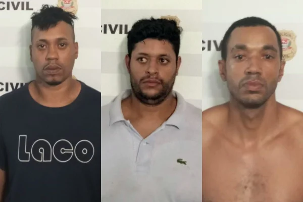 Montagem colorida de três homens suspeito de espancar e matar homem, na Grande São Paulo.