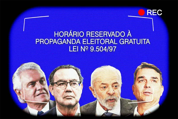 Montagem com os candidatos à Presidência que terão acesso ao horário eleitoral gratuito em 2026: Ronaldo Caiado (PSD), Augusto Cury (Avante), Lula (PT) e Flávio Bolsonaro (PL)
