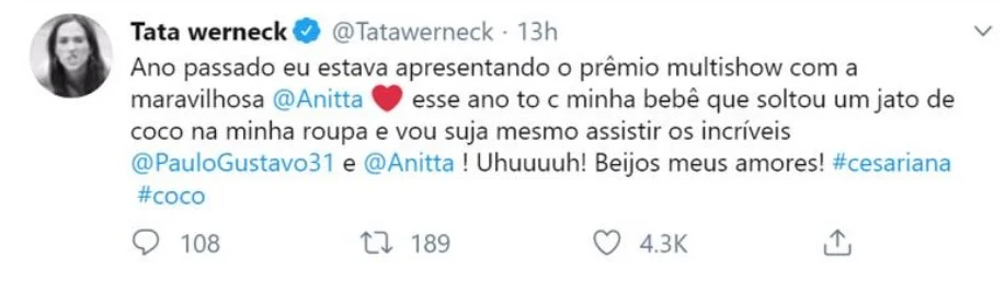 Tatá é só elogios a Anitta e Paulo Gustavo Tatá é só elogios a Anitta e Paulo Gustavo