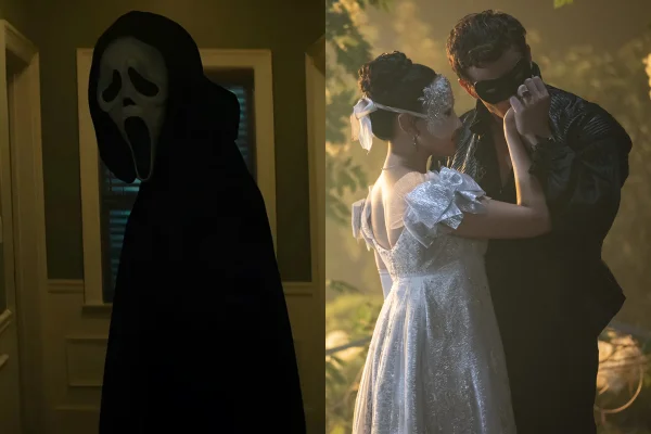 Montagem de imagens mostra foto do filme Pânico 7 (à esquerda) e da série Bridgerton (à direita) - Metrópoles