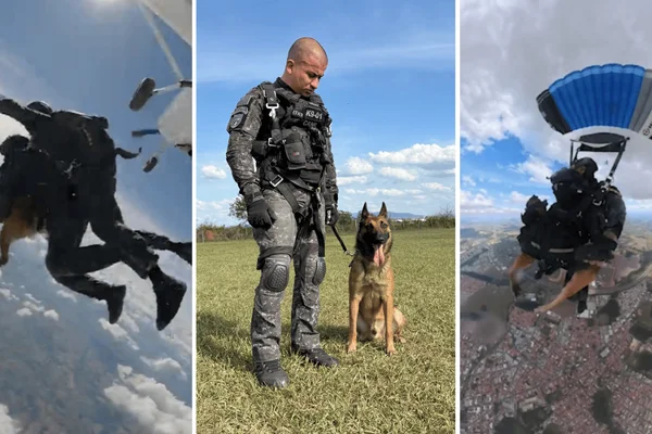 Imagem colorida de um policial ao lado do cachorro equipado com vestimentas de salto - Metrópoles