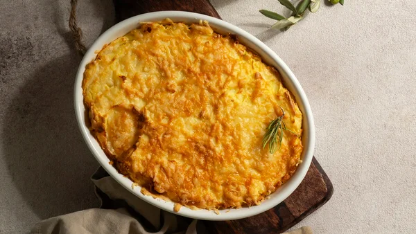 Foto colorida de travessa recheada com escondidinho de bacalhau