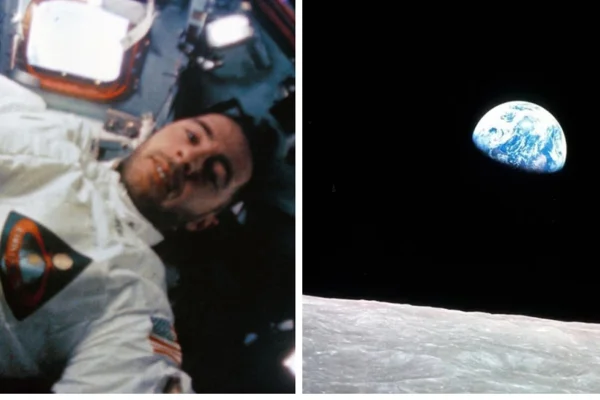 Montagem colorida de foto de William Anders e a foto Earthrise