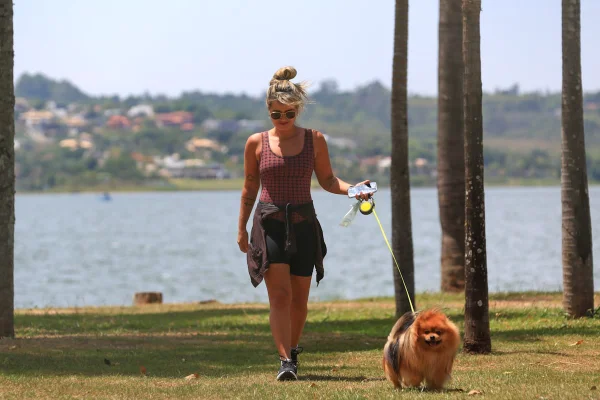 Mulher passeia com cachorro na coleira