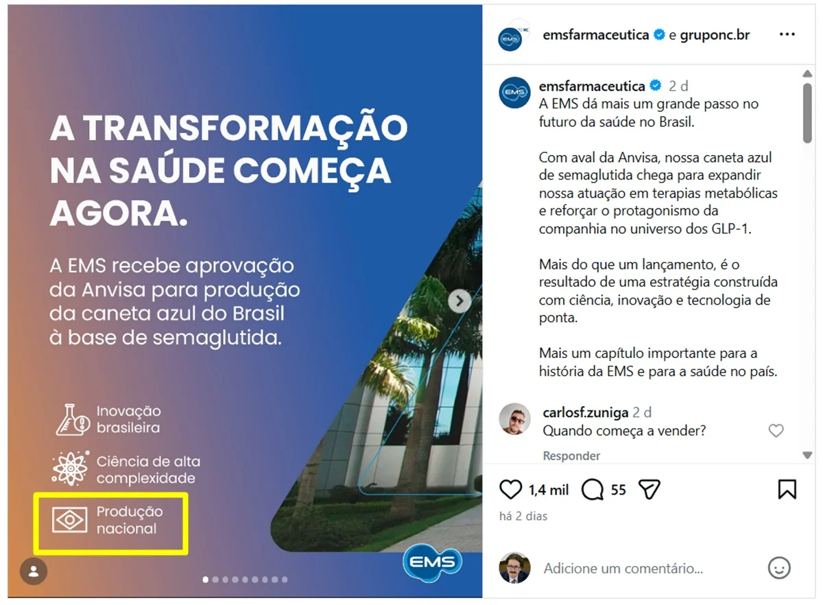 Post da EMS nas redes sociais destaca "produção nacional" da canetinha emagrecedora Post da EMS nas redes sociais destaca "produção nacional" da canetinha emagrecedora