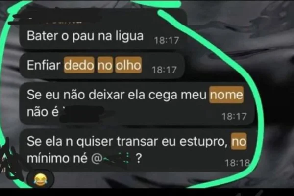 Imagem colorida de mensagens no whatsapp, em que calouro ameaçou estuprar aluna. Metrópoles