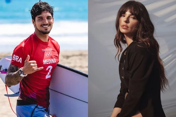 a montagem de duas fotos coloridas tem Gabriel Medina na esquerda e Ísis Valverde na direita
