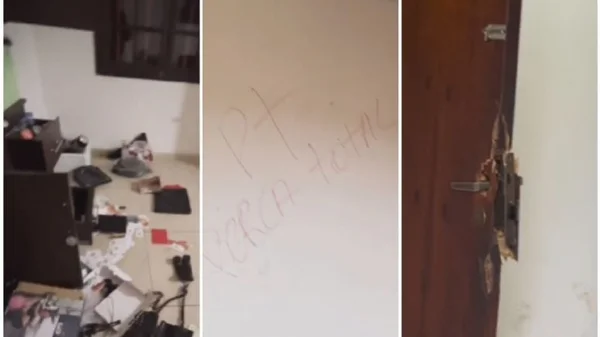 Imagem colorida mostra escritório do deputado federal Alencar Santana (PT-SP), que foi invadido e pichado por criminosos. Em uma das pichacões, está escrito "PT-perca total" - Metrópoles