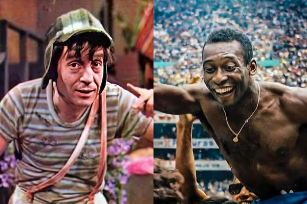 À esquerda, Roberto Gómez Bolaños como Chaves; à direita, Pelé, sem camisa, no Estádio Azteca - Metrópoles