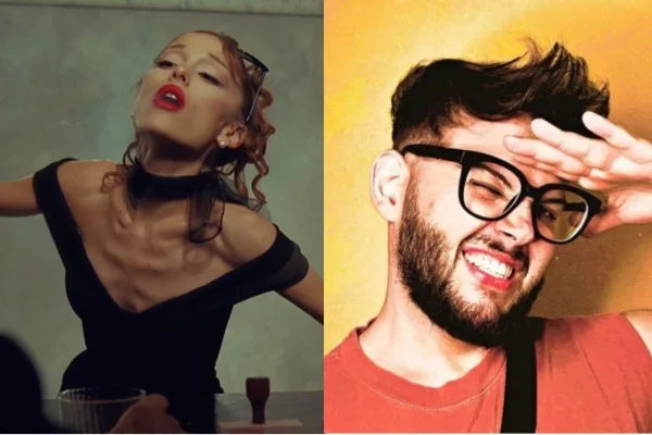 Montagem com fotos coloridas de Ariana Grande e Gabriel Mahalem