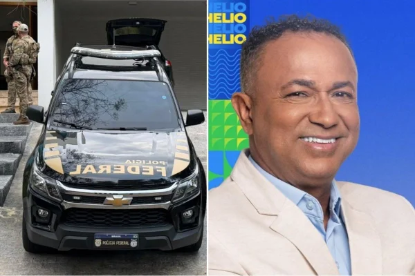 Montagem colorida com viatura da Polícia Federal na casa de vereador alvo de operação.