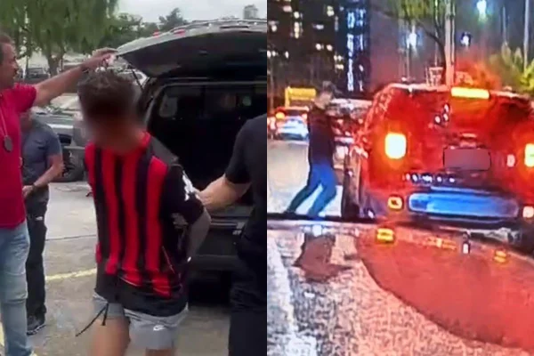 Homem filmado durante o ataque quebrou o vidro do carro e fugiu com o celular da vítima. Comparsa do já foi identificado e é procurado - Metrópoles