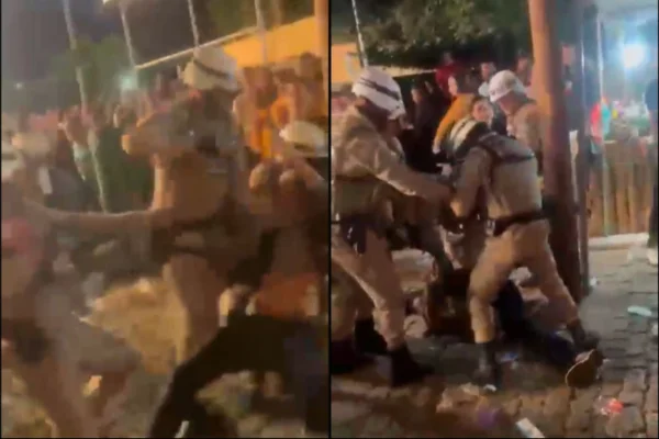 Imagem colorida, PMs agridem homem com socos e chutes em festa junina na Bahia. Vídeo - Metrópoles