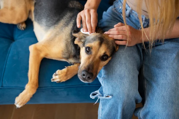 cachorro de porte médio no colo de tutor