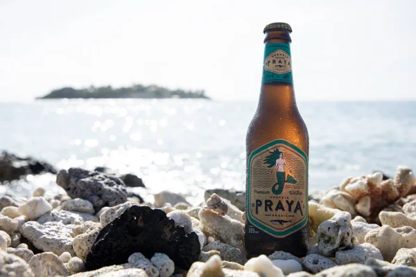 Cerveja em meio a pedra com mar de fundo
