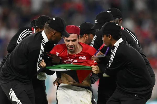 Torcedor invade campo de jogo entre Tunísia e França com uma bandeira da Palestina e seguranças o retiram carregado - Metrópoles