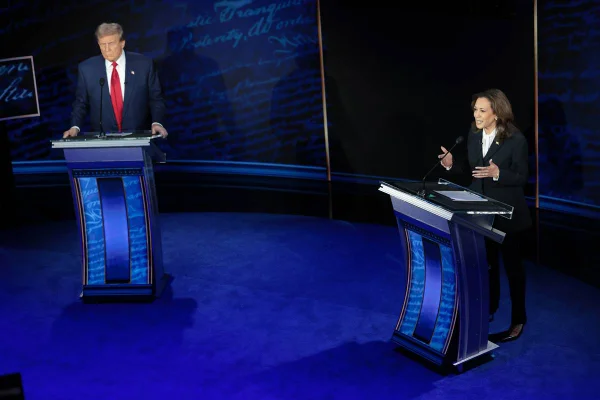 Imagem colorida de Donald Trump e Kamala Harris