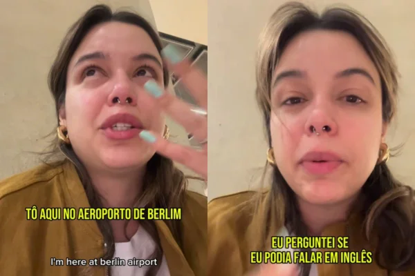 Em vídeo publicado no Instagram, a brasileira Fernanda Arantes acusou uma funcionária da Lufthansa de preconceito. Ela vinha para o Brasil - Metrópoles