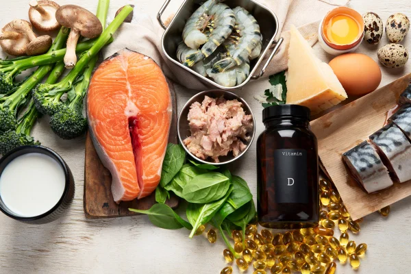 Imagem mostra uma mesa cheia de frutos do mar, peixes e um pote de suplemento de vitamina D - Metrópoles