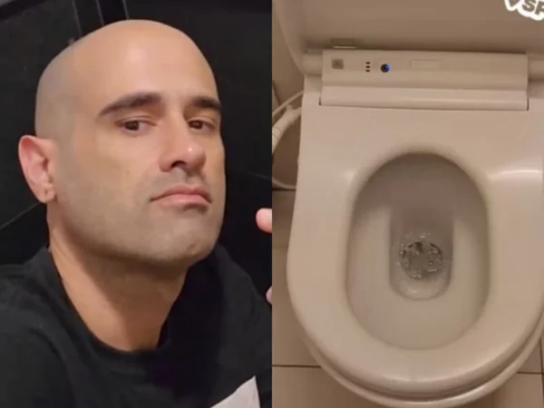 Colagem com fotos de homem branco careca e vaso sanitário branco - Metrópoles