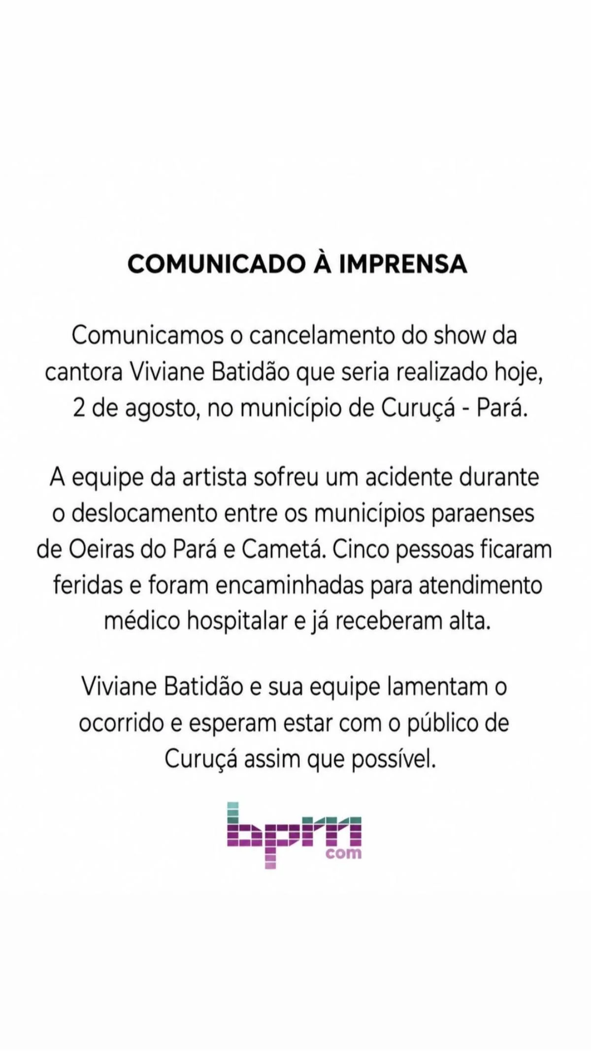 Viviane Batidão divulgou nota sobre o acidente Viviane Batidão divulgou nota sobre o acidente