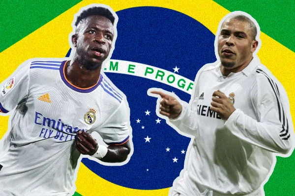 Imagem colorida de Vini Jr e Ronaldo Fenômeno, maiores artilheiros brasileiros da história do Real Madrid- Metrópoles