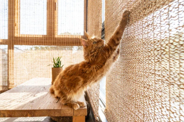 Imagem colorida de gato laranja afiando as unhas em tecido