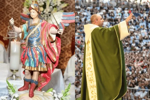 Imagem colorida de uma ornamentação de São Miguel Arcanjo ao lado do Frei Gilson - Metrópoles