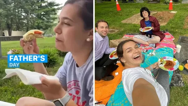 Na foto, uma família faz piquenique em túmulo em homenagem ao dia dos pais - Metrópoles