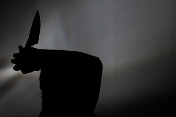Foto ilustrativa em preto e branca de uma pessoa dando uma facada