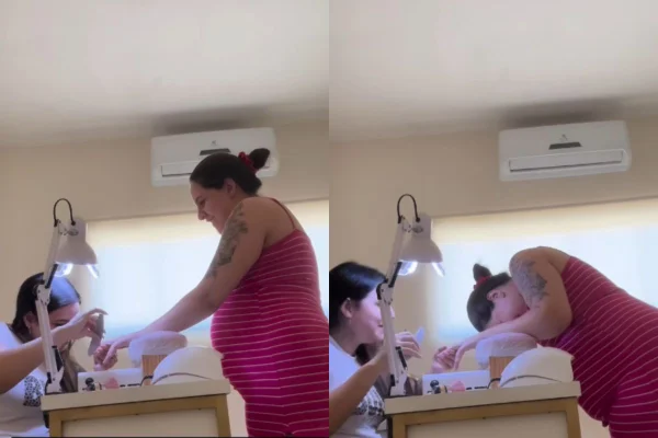 A manicure Kalline Soares viralizou ao mostrar a cliente que entrou em trabalho de parto. A mãe saiu do estúdio direto para o hospital - Metrópoles