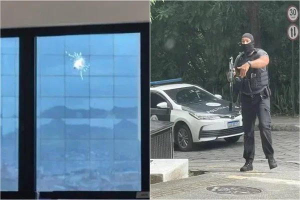 Imagem colorida, vidro quebrado e policial em confronto - Metrópoles