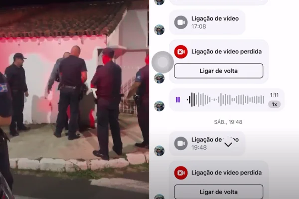 Imagem colorida de montagem de homem sendo preso e conversas de mensagens. Metrópoles