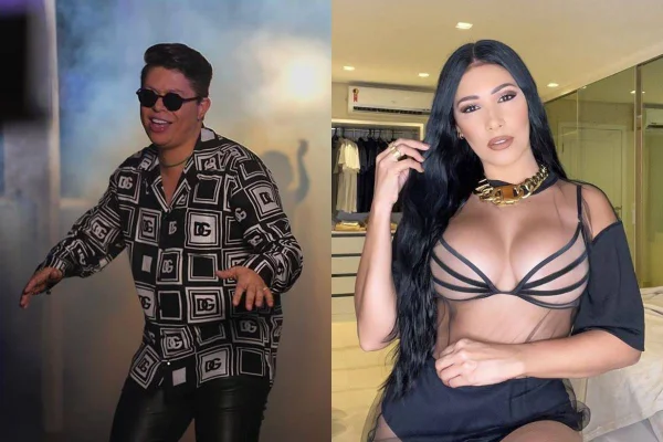 montagem com homem de blusa estampada em preto e branco e oculos escuros dançando a esquerda e mulher de roupa sensual preta a direita - Metrópoles
