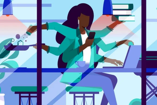 Imagem colorida de arte de mulheres em multitarefa - Metrópoles