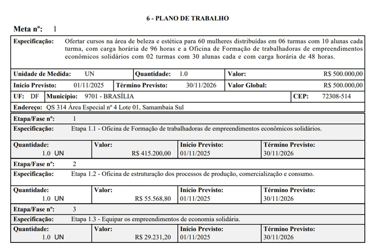 Contrato firmado entre a ONG e o Ministério do Trabalho e Emprego