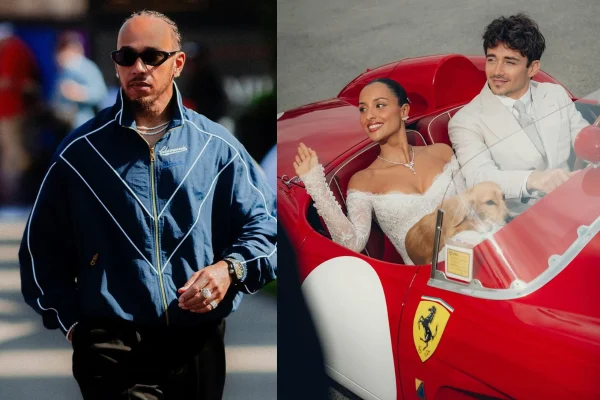 Na foto os pilotos Lewis Hamilton e Charles Leclerc