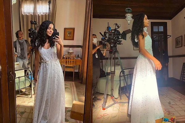 A atriz Bella Campos se veste de noiva em Pantanal