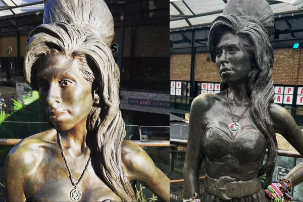 Adesivo com a bandeira palestina é colocado sobre estrela de Davi em estátua de Amy Winehouse