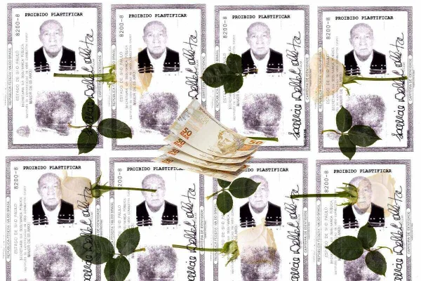 Arte com mesmo RG, em preto e branco, justaposto seis vezes, sobre os quais há rosas brancas e, no centro, 4 notas de R$ 50 - Metrópoles